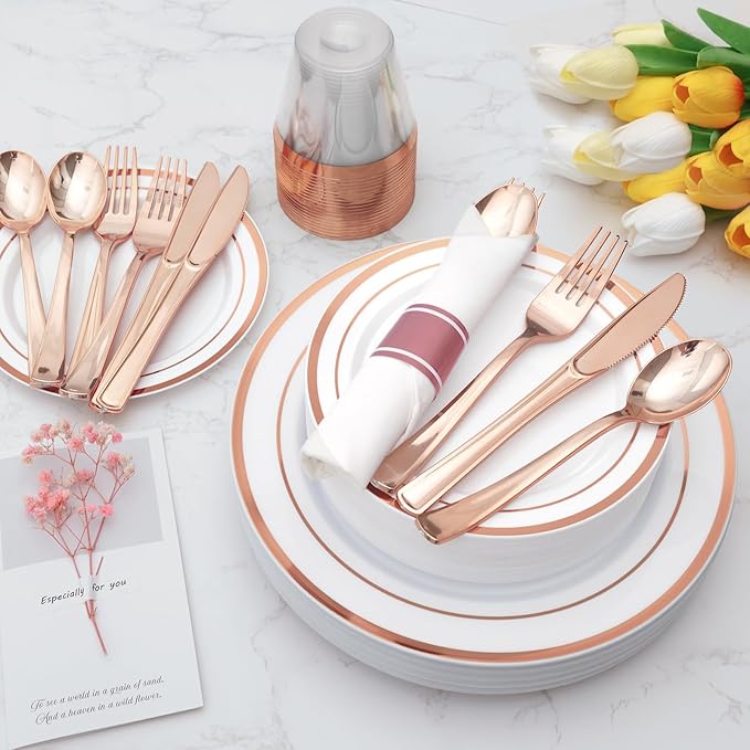 Goodluck 100 Pack Pre Rolled Rose Gold Plastic Silverware, Wrapped Cutlery Set with Napkin Include 100 Forks, 100 Knives, 100 Spoons and 100 Napkins, Fancy Disposable Silverware for Party, Wedding