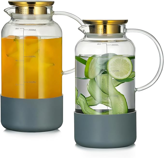 Glass Pitcher with Lid, 2 PACK 68 oz/2L Water Pitcher with Silicone Base and Precise Scale Line，Borosilicate Glass Water Carafe for Coffee, Lemonade, Iced SunTea,Beverage,Water Glass Jug