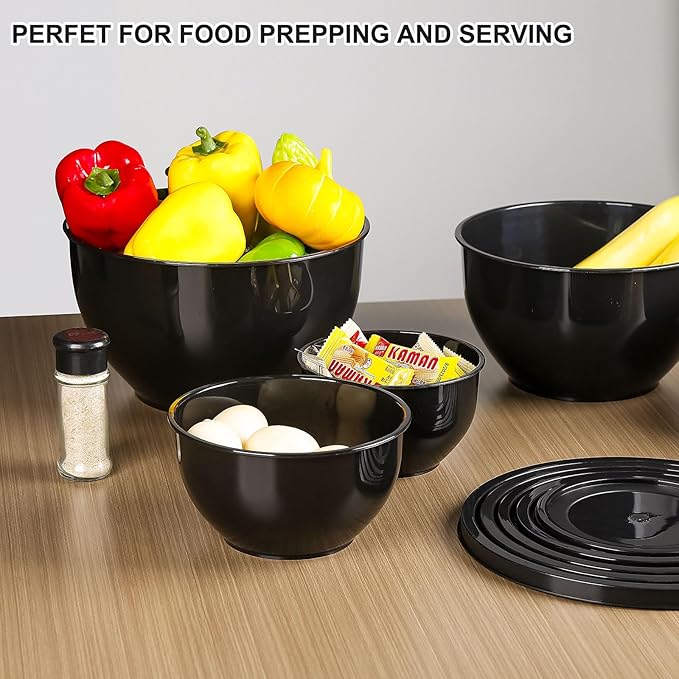 Plastic Mixing Bowls with Lids Set for Kitchen, Nesting Bowls for Mixing, Baking, Prepping, Cooking and Serving Food, Mixing Bowls Dishwasher, Microwave Safe (Black)