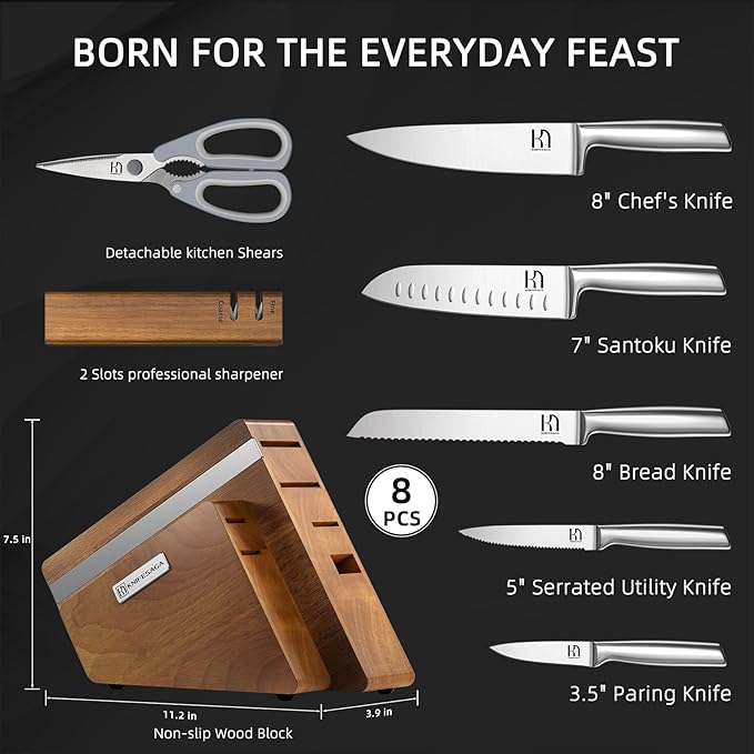 Kitchen Knife Set, 8-Piece Japanese High Carbon Stainless Steel Knife Block Set with Built-in Sharpener - Professional Forged Blades & Ergonomic Design