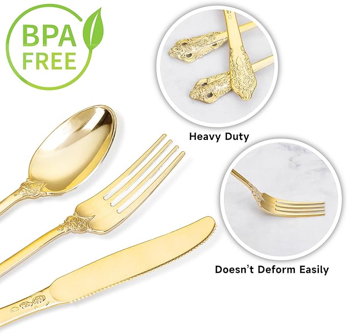 WDF 120PCS Gold Plastic Silverware - Heavy Duty Gold Plastic Cutlery Set Disposable Utensils - 40 Forks, 40 Spoons, 40 Knives, Perfect for Party Weeding Daily Use Baby Showe Spring
