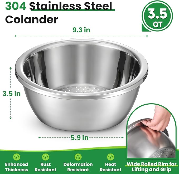Hands-Free 304 Stainless Steel Strainer and Colander with Self-Draining Base, Kitchen Microporous Strainers for Rice Pasta Fruits and Vegetables