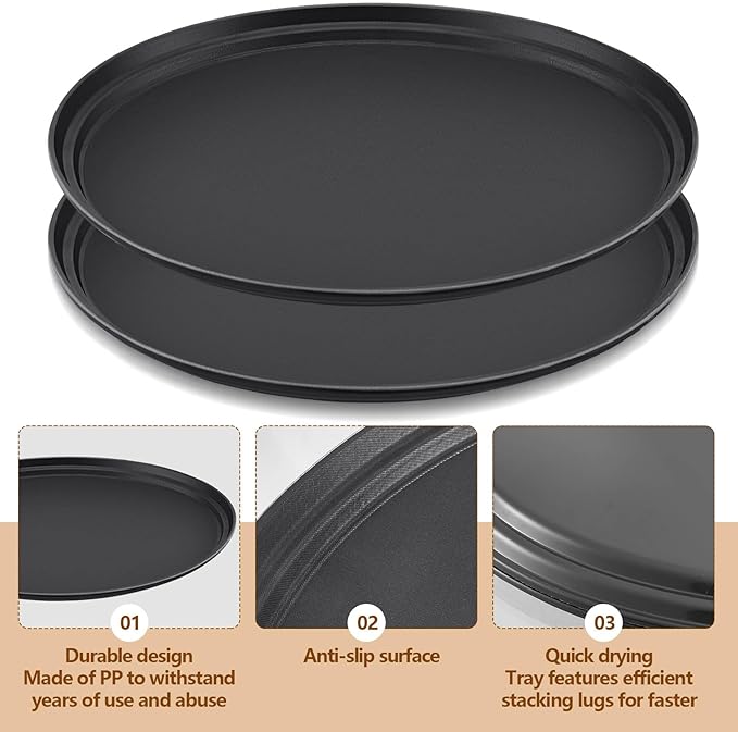 2 Pcs Restaurant Serving Trays PP Plastic Non Slip Rubber Lined Large Oval Tray for Kitchen Dining Room Cafeterias Fast Food Service (25 x 20 Inch,Black)