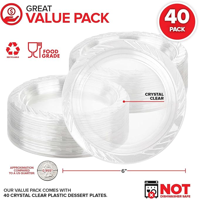 Stock Your Home 6-Inch Clear Plastic Dessert Plates (40 Pack) Flexible Disposable Clear Plates for Dessert & Appetizers, Crystal Clear Small Plates for Parties & Catering, Clear Plastic Party Plates