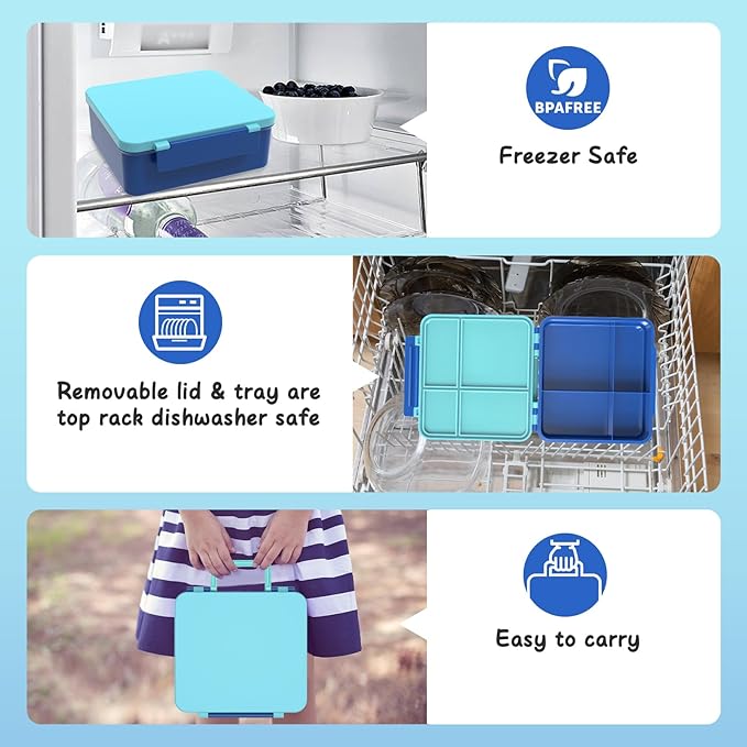 Bento Lunch Box Kids with 8oz Soup Thermo, Leak-Proof Lunch Containers with 4 Compartment, Thermo Hot Food Jar and Insulated Lunch Box for School Blue