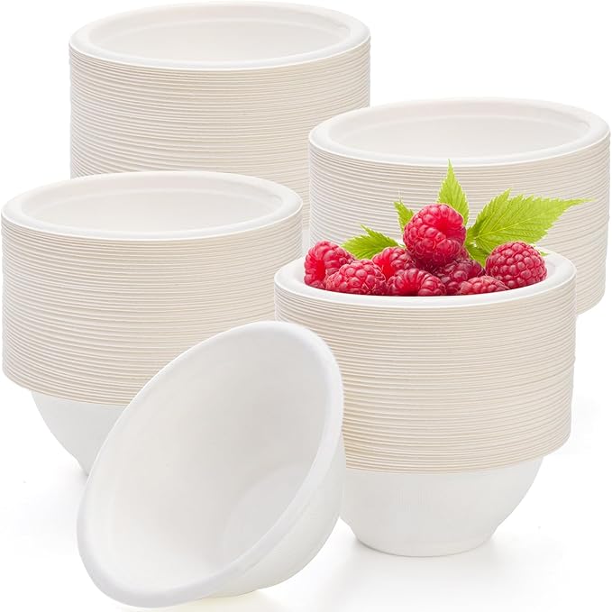 Yesland 250 Pack 8 oz Natural Biodegradable Sugarcane Bowls, White Small Disposable Paper Bowl Compostable Bagasse Soup Bowls, Microwave Chili Bowl for Salad, Dessert, Snack, Hot Soup