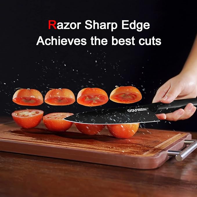 OOU Knife Set with Block and Sharpener, 6 Pcs High Carbon German Steel Kitchen Knife Block Set, Dishwasher Safe Knife Set for Small Kitchen, Space-Saving, Anti-Rust