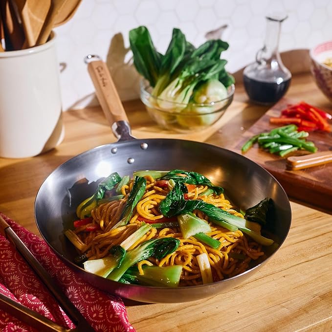 Sur La Table 12" Carbon-Steel Wok, Flat Bottom Pan for High-Heat Cooking – Ideal for Deep-Frying, Steaming, and Stir-Frying– Lightweight, Fast Heating
