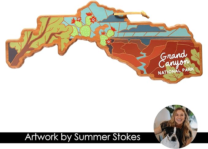 Totally Bamboo Grand Canyon National Park Shaped Cutting Board and Charcuterie Serving Platter with Artwork by Summer Stokes, Includes Hang Tie for Wall Display