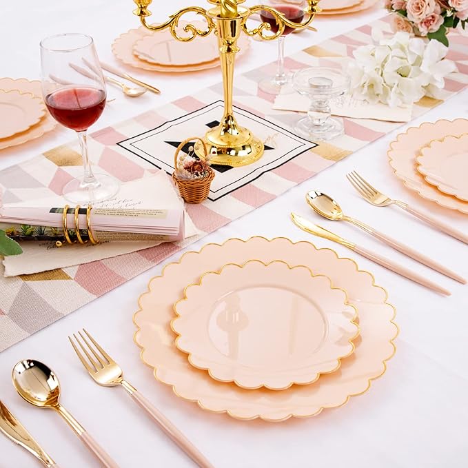 LIYH 60 Pcs Pink Plastic Plates with Gold Pink Plates Disposable Plate Includes 30 Dinner 10.25" and 30 Dessert Plate 7.5" for Easter,Baby Shower,Weddings,Parties,Birthday