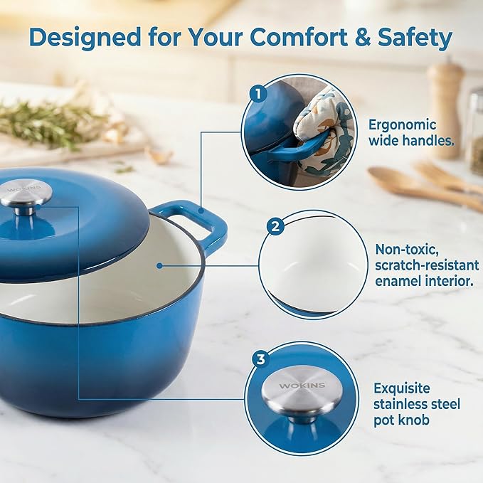 5.5QT Enamel Cast Iron Dutch Oven with Lid,Dual Handles,Versatile Heavy-Duty Non-toxic Cookware for Sourdough Bread Baking,Braising,Stews,Roasting,Oven Safe up to 500°F blue