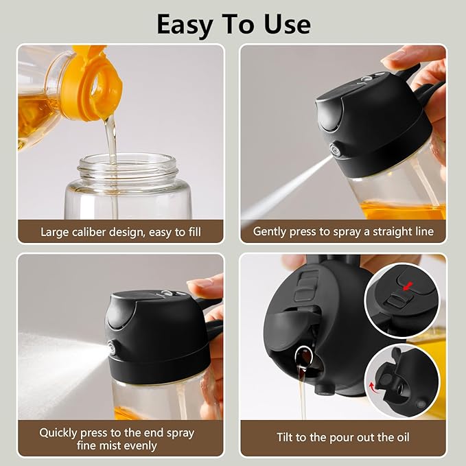 2PCS Oil Sprayer for Cooking, 16oz/470ml Glass Oil Dispenser/Pour Bottle, Kitchen Accessories, Kitchen Gadgets for Air Fryer, Salad, BBQ, with Stickers (Black,Black)