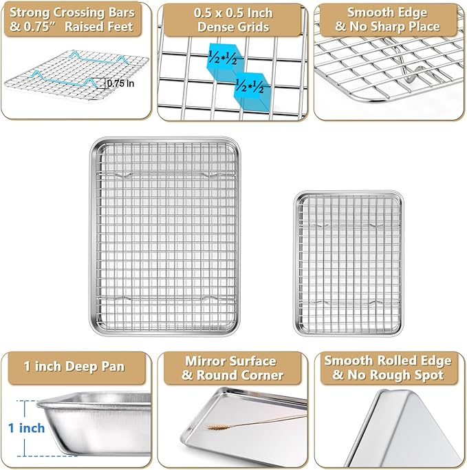 P&P CHEF 12.5 + 9 Inch Toaster Oven Pan with Rack Set, Stainless Steel Baking Pan Tray and Grid Cooling Rack for Cooking/Roasting, Dishwasher Safe & Easy to Clean, Non-toxic & Sturdy, (4Pcs)