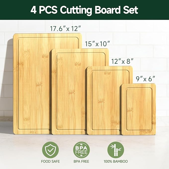 4-Piece Set Bamboo Cutting Board for Kitchen - Crack-Resistant Wood Chopping Boards with Deep Juice Grooves, Pre-Oiled Butcher Block for Meat, Vegetables & Cheese, Natural