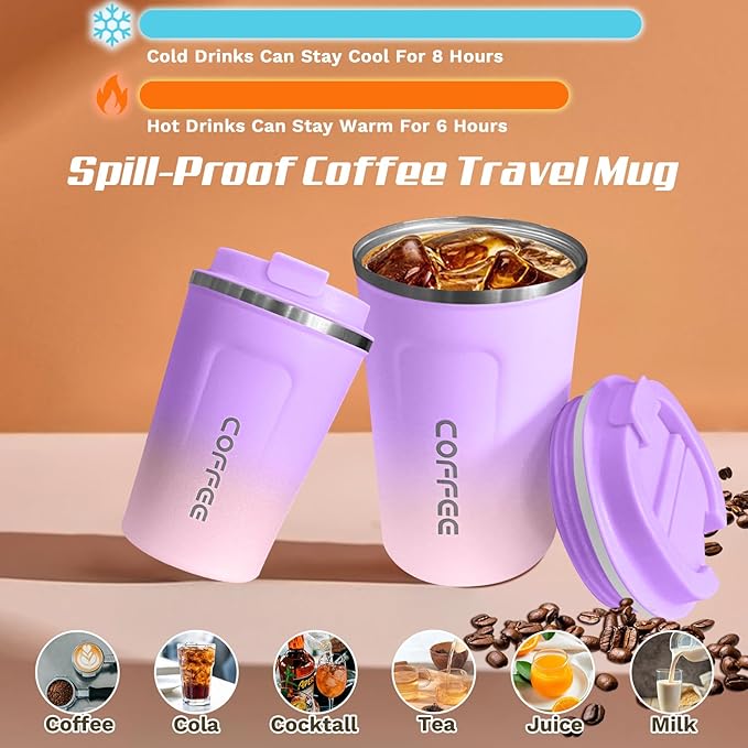 Travel Coffee Mug Leak-Proof, Reusable Coffee Cups with Lid, Stainless Steel Vacuum Insulated Coffee Tumblers, Thermal Insulation Cup for Men and Women Hot & Cold Drinks(2nd-Purple Pink, 12OZ)