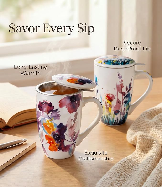 AmorArc Porcelain Tea Mug with Infuser and Lid – 18oz Loose Leaf Tea Cup with Handle, Gift for Tea Lovers (Men & Women)