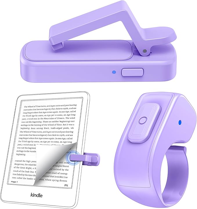 Remote Page Turner Ring for Kindle Paperwhite Oasis Scribe Kobo,Designed for Thick Cases Clicker Page Turner Camera Remote for iPhone iPad Android Tablets Reading Novels Comics with Storage Bag-Purple