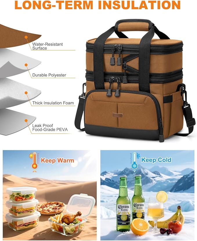 Lunch Box For Men Women Double Deck Insulated Lunch Bag For Men Woman Leakproof Expandable Cooler Bag with Adjustable Shoulder Strap for Kids Shool Work Picnic Camping(Brown,Large)