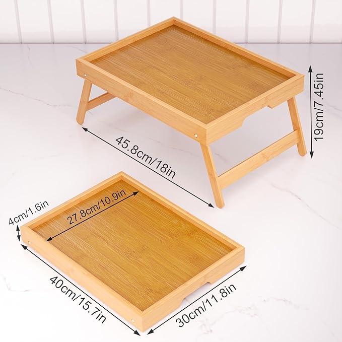 4 Pack Bamboo Bed Tray Table with Folding Legs,Breakfast Trays,Serving Tray for Food and Snack,Laptop Trays for Working(Natural)