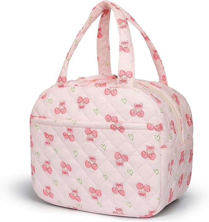 Quilted Lunch Box for Women,Coquette Aesthetic Lunch Box for Teen Girls,Cute Floral Lunch Bags for Work, School,Office,Picnic,Travel (cherry heart)