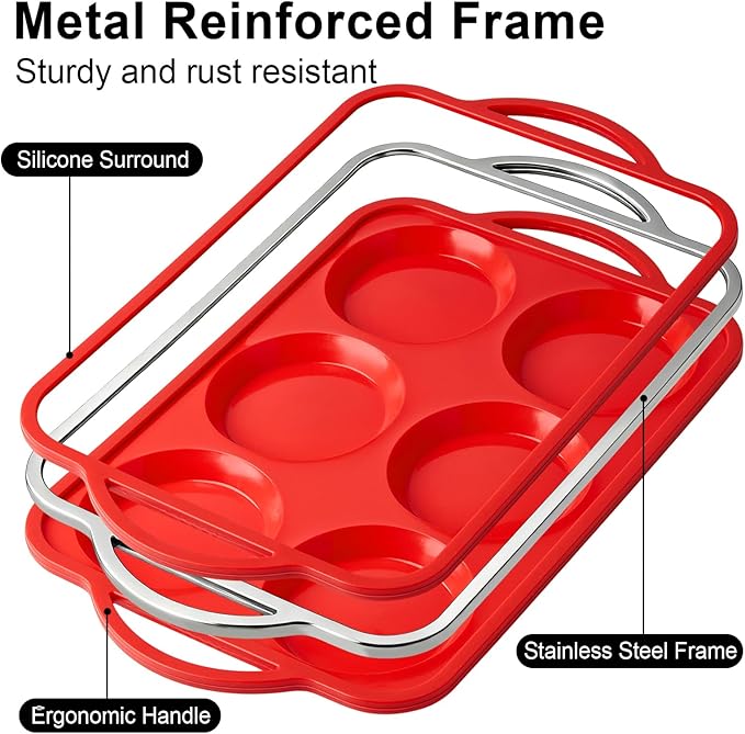 2 Pack 4 Inch Jumbo Muffin Top Pans with Metal Frames, Silicone Egg Molds for Breakfast Sandwiches, Egg Bite Baking Trays, BPA Free & Non-Stick