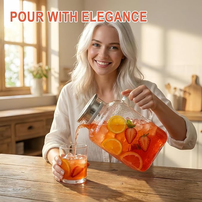 1 Gallon Glass Pitcher with Lid, Glass Water Pitcher with Handle for Fridge, Iced Tea Pitcher, Cold/Hot water jug,Large Jug for Coffee, Juice and Homemade Beverage（Free anti-scratch pad）