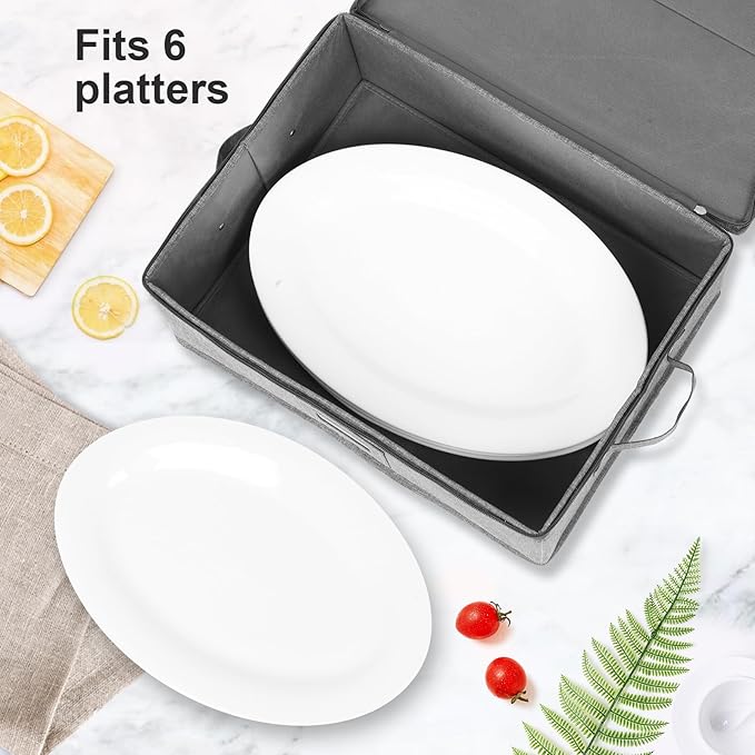 popoly Platter Storage Case, China Storage Containers Hard Shell 17" x 13" x 6", 5 Felt Dividers Included, Structured Top and Stackable (Linen Grey)