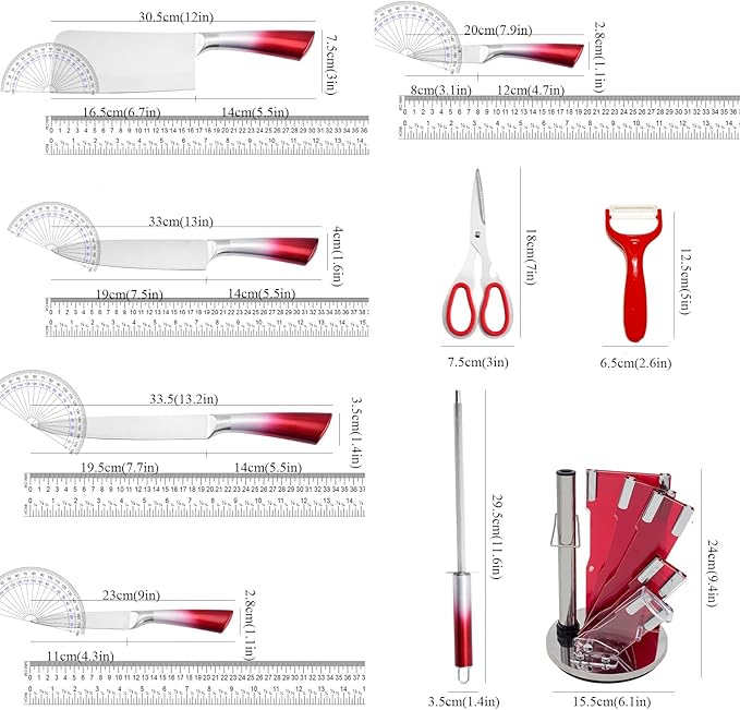 Red Professional 9-Piece Kitchen Knife Set with Acrylic Block, Non-Stick Sharp Stainless Steel Chef Knives, Sharpener