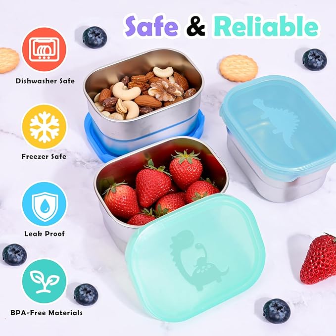 3×8oz Small Stainless Steel Snack Containers for Kids & Toddlers - 230mL Leakproof Food Containers with Cute Dino Lids | LFGB Certified, Stackable Metal Snack Box for Daycare, School, Travel