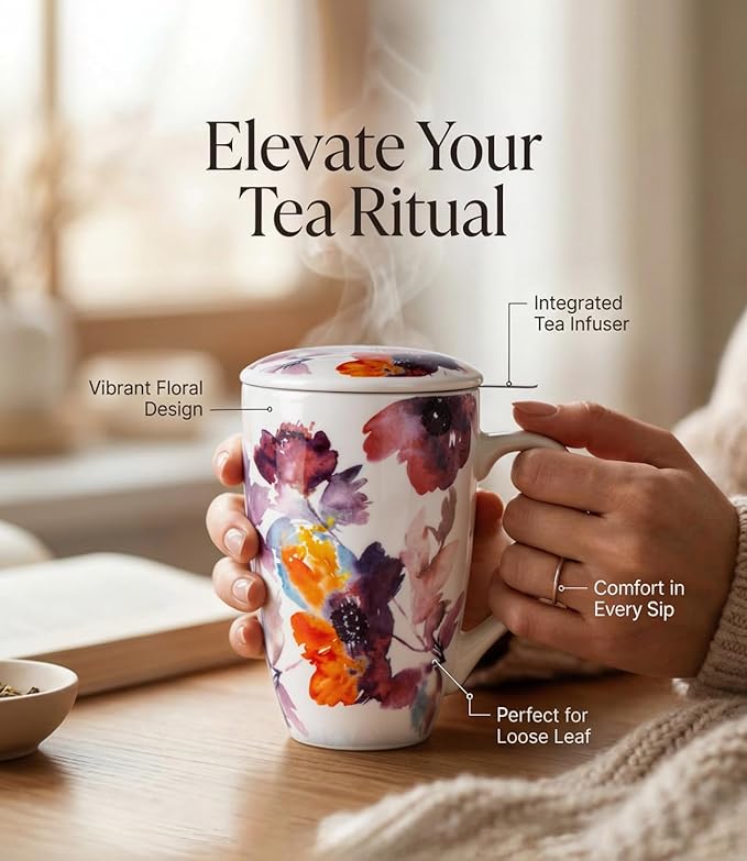 AmorArc Porcelain Tea Mug with Infuser and Lid – 18oz Loose Leaf Tea Cup with Handle, Gift for Tea Lovers (Men & Women)