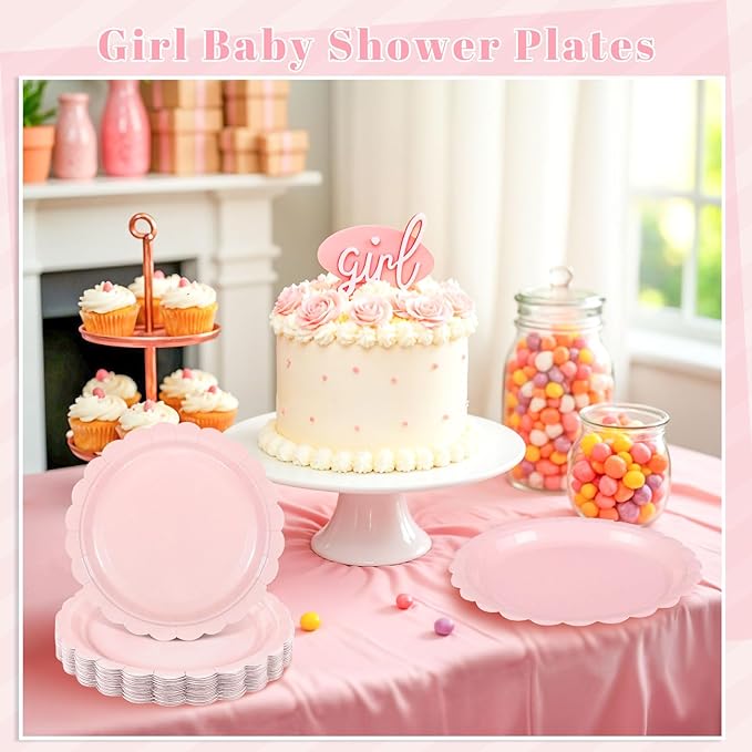 30 Pcs Pink Paper Plates 9 Inch Scalloped Pink Party Plates Cute Birthday Dessert Cake Plate for Easter, Baby Bridal Shower, Wedding, Mothers Day