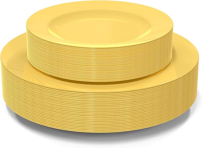 POSATE 60PCS Yellow Disposable Plastic Plates, Heavy Duty Plates for Wedding/Party, 30PCS Dinner Plates 10.25’’ and 30PCS Dessert/Salad Plates 7.5’’, Yellow Plates for Party Event