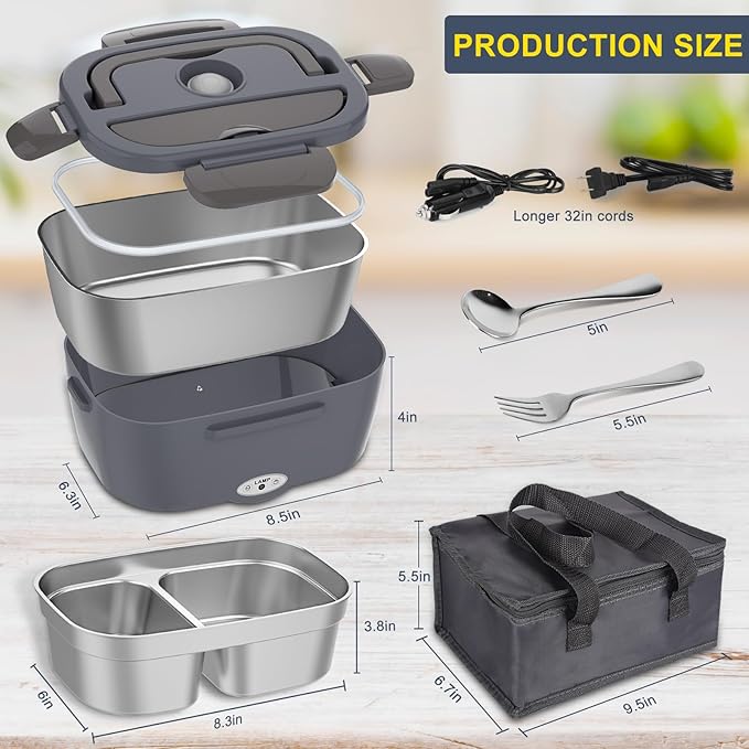 Electric Lunch Box Food Heater 3 in 1 Portable Warmer Leakproof Heated Box for Adults, Heating Microwave for Car/Home with 2 Removable Stainless Steel Container, 12V/24V 110V
