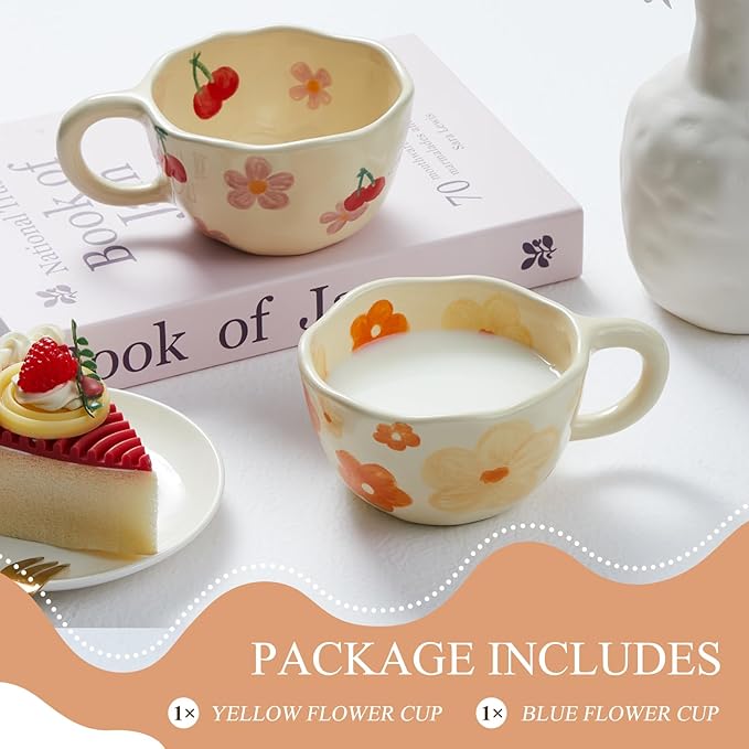 Vesici 2 Pcs Ceramic Coffee Mugs with Spoon, Vintage Floral Spring Mugs with Handle, 8.5 oz Aesthetic Flower Porcelain Tea Cup Set, Dishwasher & Microwave Safe for Home Office Gift(Fresh)