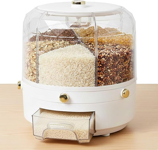 6-Compartment Rotating Grain Dispenser for Kitchen Pantry, One-Press Dry Food Storage Container for Rice, Beans, Oats, Cereal, Clear Multi-Section Food Organizer