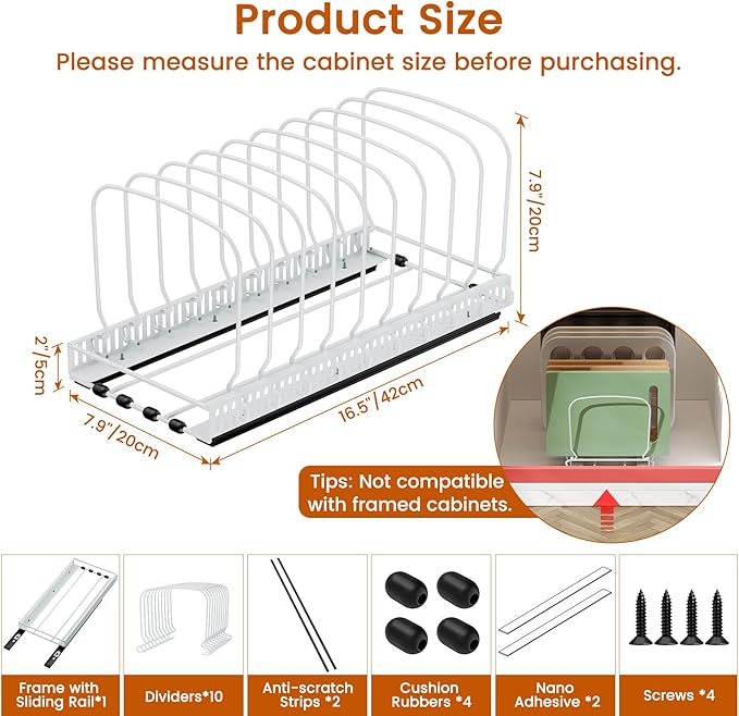 Housolution 1 Pack Baking Tray and Cookie Sheet Organizer, Cutting Board Organizer with 2 Using Methods, Bakeware Muffin Tin Storage Rack with 10 Adjustable Dividers for Cabinet, White