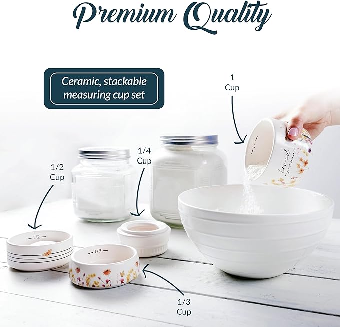Pavilion Gift Company - Loved Beyond Measure - 6-inch Stackable Ceramic Kitchen Measuring Cup - ¼, ⅓, ½, 1 Cup, Rustic, Antique, Farmhouse Design For Kitchen, Mason Jar Measuring Cup, 1 Count, Cream