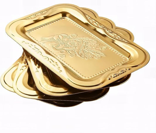 4-Pack Gold Serving Trays Set - ZENOVLUX Lightweight Bow Floral Engraved Mirror Decorative Tray, 13.8" x 8.7" Party Platters for Easter, Food, Appetizer, Charcuterie, Cookies, Desserts