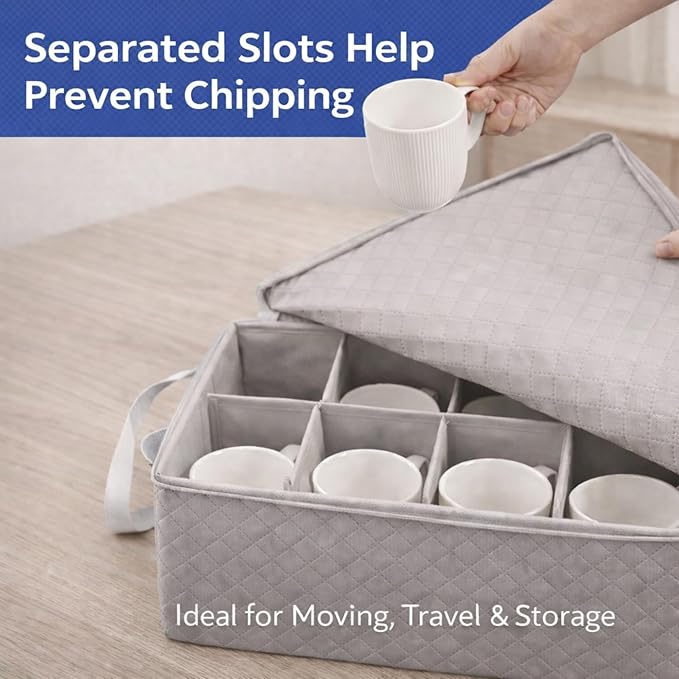 Coffee Mug Storage Bin - Mug Storage Box for Coffee Cups & Mugs (Holds 12 Cups) - Stackable Mug Storage Organizer with Dividers for Kitchen Cabinets & Countertops (Grey & Beige) by Govilla