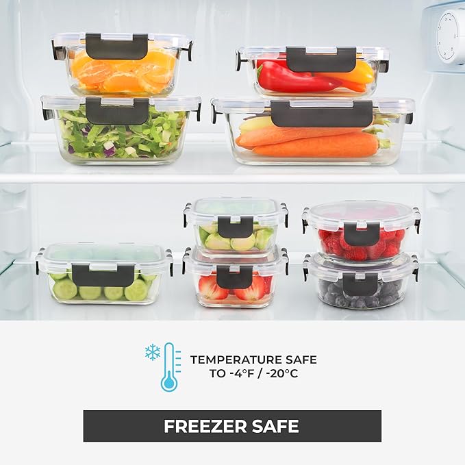 Freshware Glass Storage Containers with Lids, 24 Pieces, 12 Containers with 12 Lids, Glass Meal Prep Container for Lunch, Food Storage Containers, Leak Proof, Freezer Safe, Grey