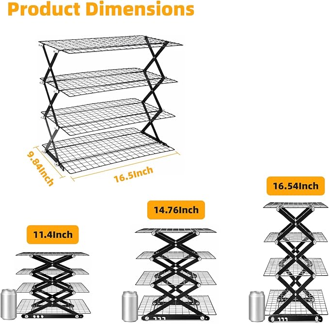4 Tier Collapsible Cooling Rack, Adjustable Stackable Wire Cooling Racks for Baking, Tight-Grid Cookie Cooling Rack, Space-Saving Baking Rack for Small Kitchen, Camping & BBQ