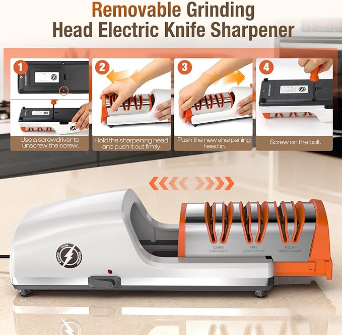 Replaceable Sharpener Electric Knife Sharpener, 3-Stage with 100% Diamond Abrasives & Precision Angle Guides, Kitchen Knife Sharpener with Sharpening and Polishing Function