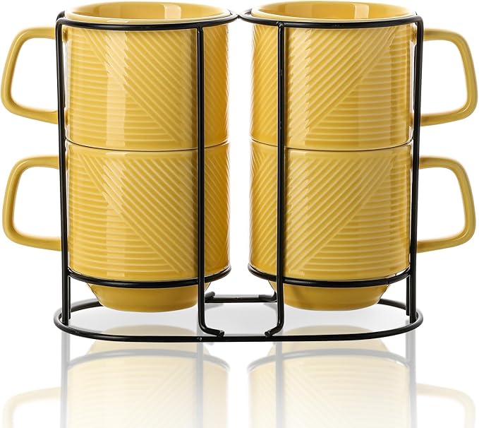 Stackable Coffee Mugs with Rack: 13 oz Stacking Ceramic Cups with Stand - Porcelain Stacked Tea Mug Set of 4 (Light Yellow)