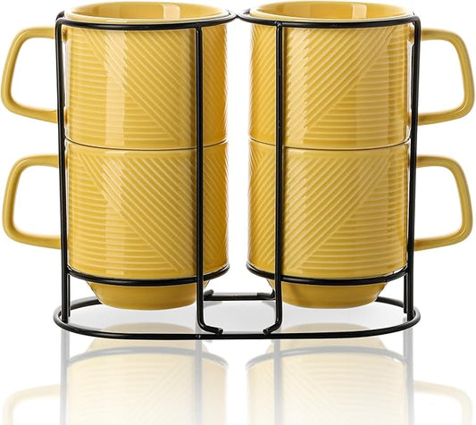 Stackable Coffee Mugs with Rack: 13 oz Stacking Ceramic Cups with Stand - Porcelain Stacked Tea Mug Set of 4 (Light Yellow)