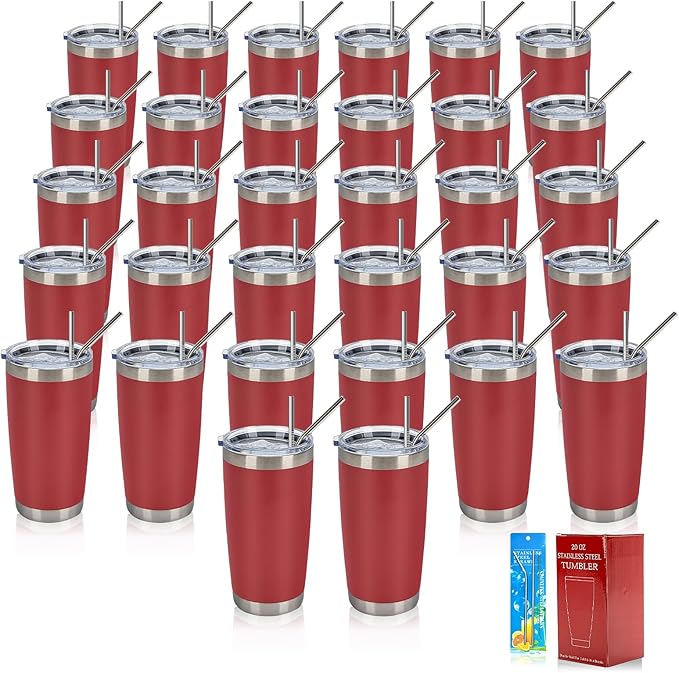 IEOVIEE 32 Pack, 20oz Stainless Steel Bulk Tumblers with Lids and Straws, Double Wall Insulated Travel Coffee Mug, Durable Powder Coated Tumbler Bulk Cup for Cold and Hot Drinks(Red)