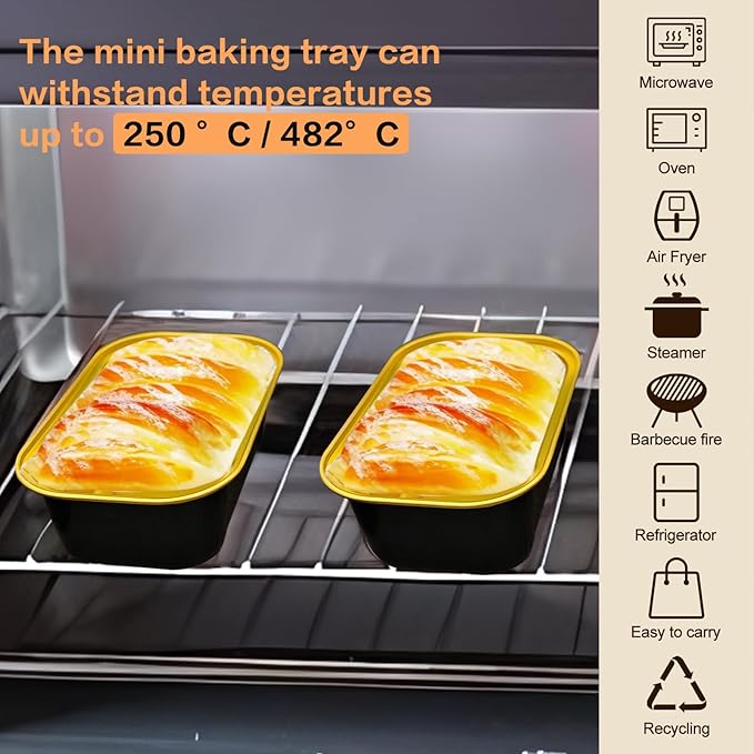Mini Cake Pans With Lids And Spoons,5.5 oz Rectangle Mini individual Loaf Pans Disposable Aluminum Foil Small Baking Cups Tins (100, Black)