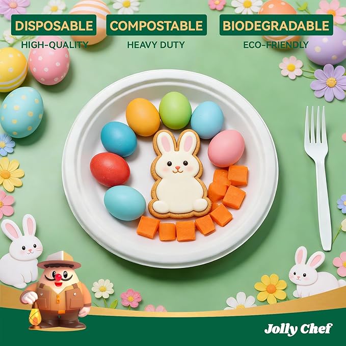 JOLLY CHEF Compostable Heavy Duty Plates 𝟳 𝗶𝗻𝗰𝗵 𝗮𝗻𝗱 𝟵 𝗶𝗻𝗰𝗵 [𝟭𝟮𝟬 𝗣𝗮𝗰𝗸] Eco-Friendly Disposable Paper Plates Bagasse Biodegradable Sugarcane for Party Hot Coold Food Christmas(White)