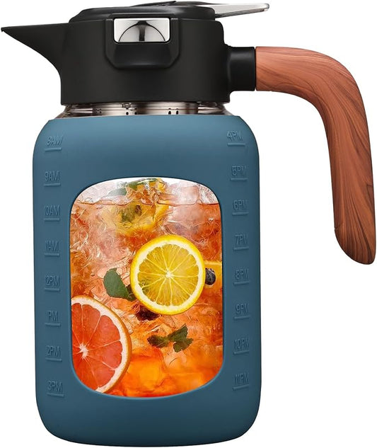 64 oz Glass Pitcher with Lid and Handle, Glass Carafe/Jug for Hot/Cold Water, Large Iced Tea Pitcher for Coffee, Juice and Homemade Beverage