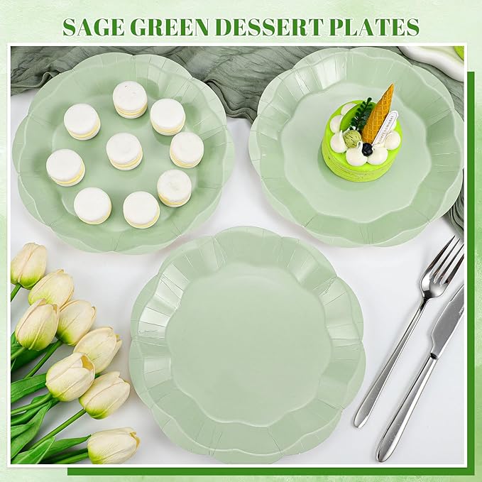 30 Pcs Sage Green Paper Plates, 7 Inch Scalloped Easter Plates Small Dessert Cake Plate Cute Party Plate Disposable Sage Greens Party Supplies for Wedding, Baby Bridal Shower, Birthday
