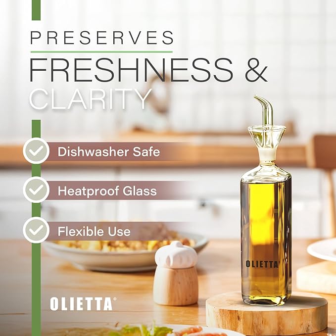 Olietta Olive Oil Dispenser Bottle Borosilicate Glass - Non Drip Oil Dispenser for Kitchen, Leak Proof Vinegar Drizzler Cruet, Easy Clean, 17 Ounces, Modern